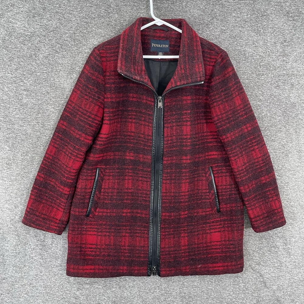 Pendleton Coat Womens Large Red Plaid Wool Full Zip Lined Pockets Warm